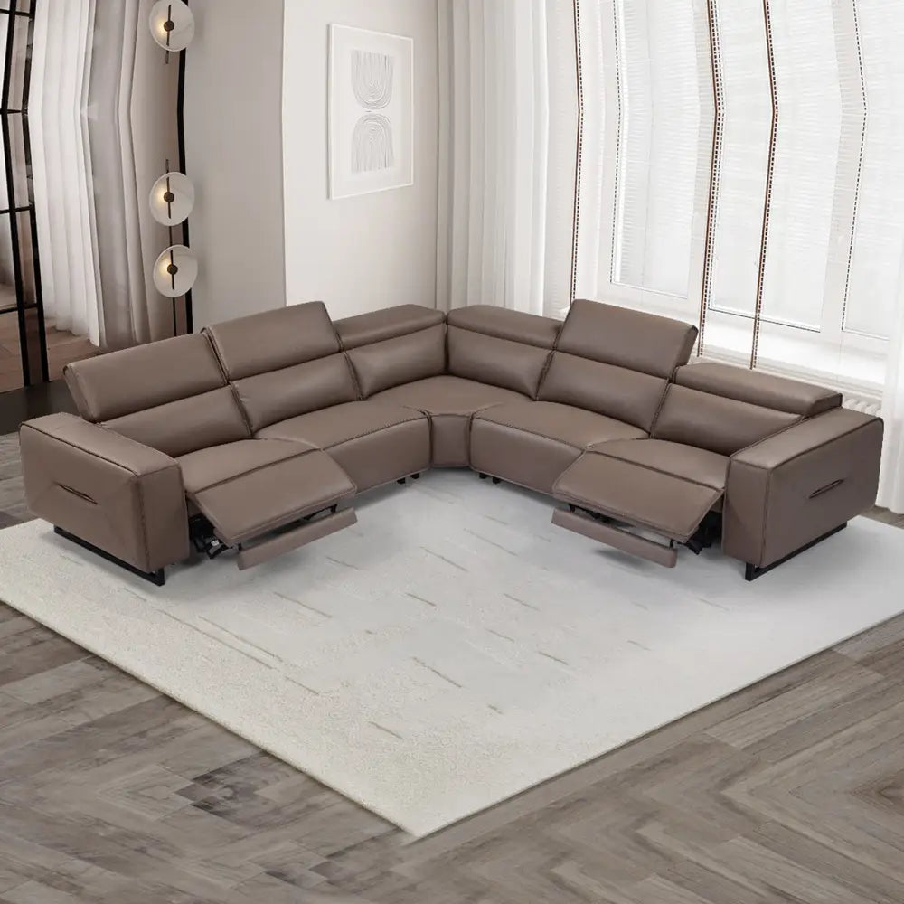 5 Seater Real Cow Leather Sofa with Power Recliner Adjustable Headrest Wooden Frame Corner Lounge - Furniture > Sofas >