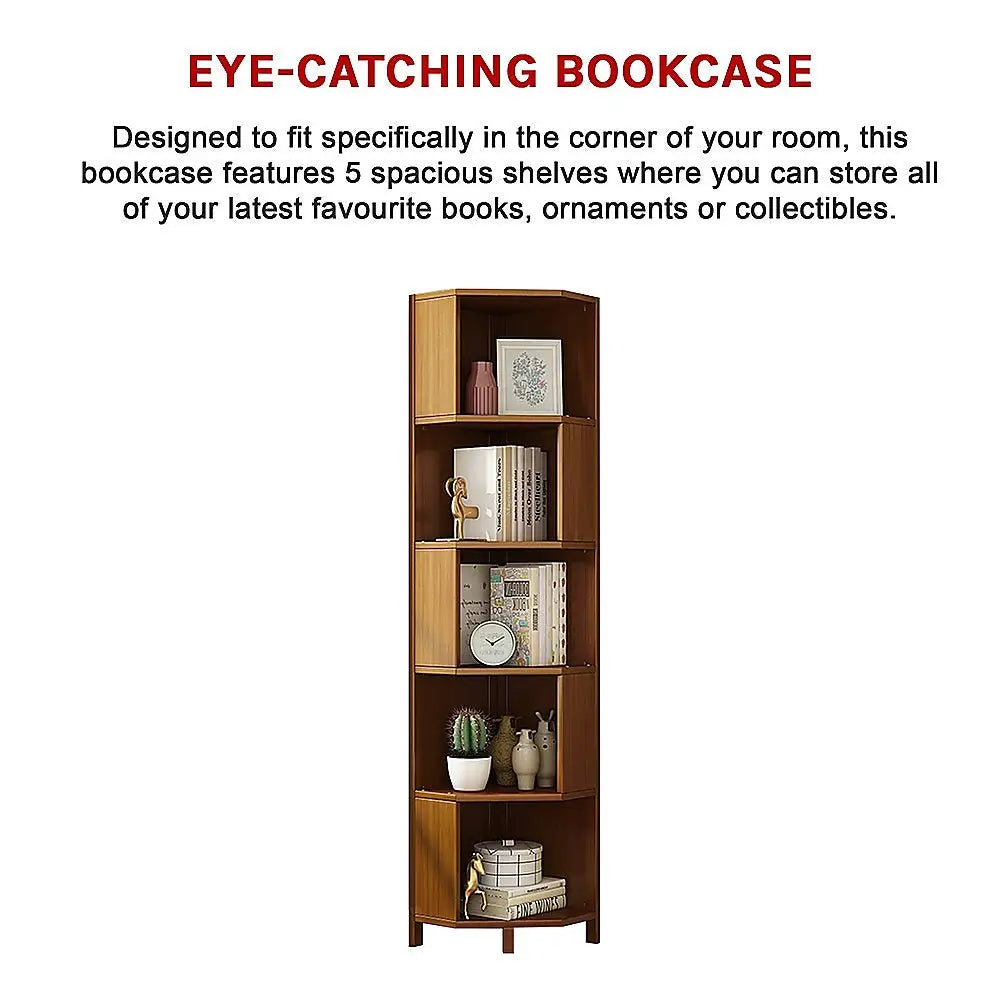 5-Shelf Corner Bookcase Industrial Bookshelf Display Storage Stand - Furniture > Office