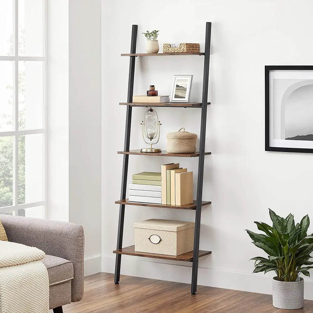 5-Tier Bookshelf Rack Rustic Brown and Black - Furniture > Living Room