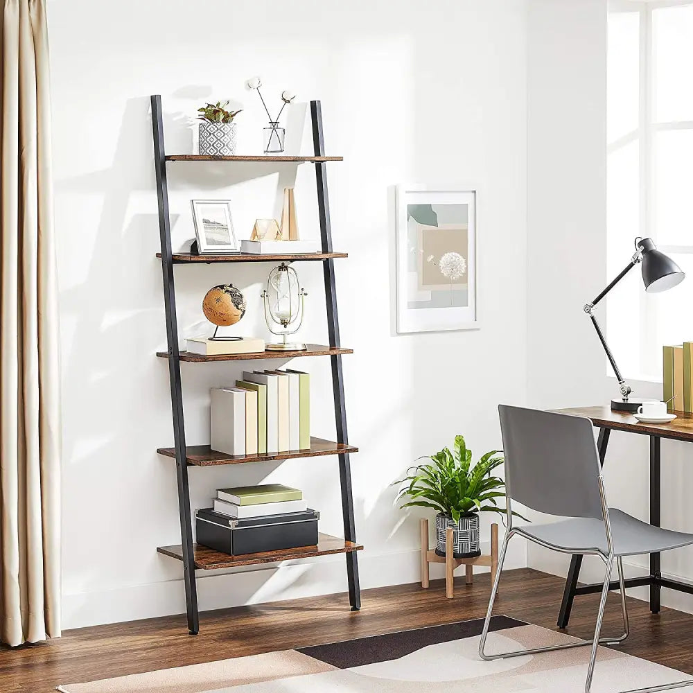 5-Tier Bookshelf Rack Rustic Brown and Black - Furniture > Living Room