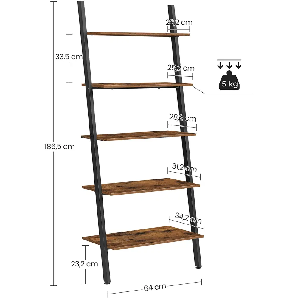 5-Tier Bookshelf Rack Rustic Brown and Black - Furniture > Living Room