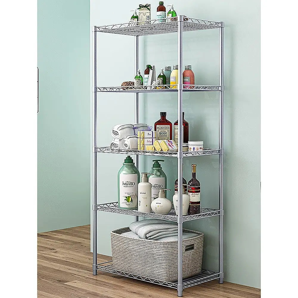 5 Tier Silver Metal Storage Rack Shelving Wire Shelf - Furniture > Office