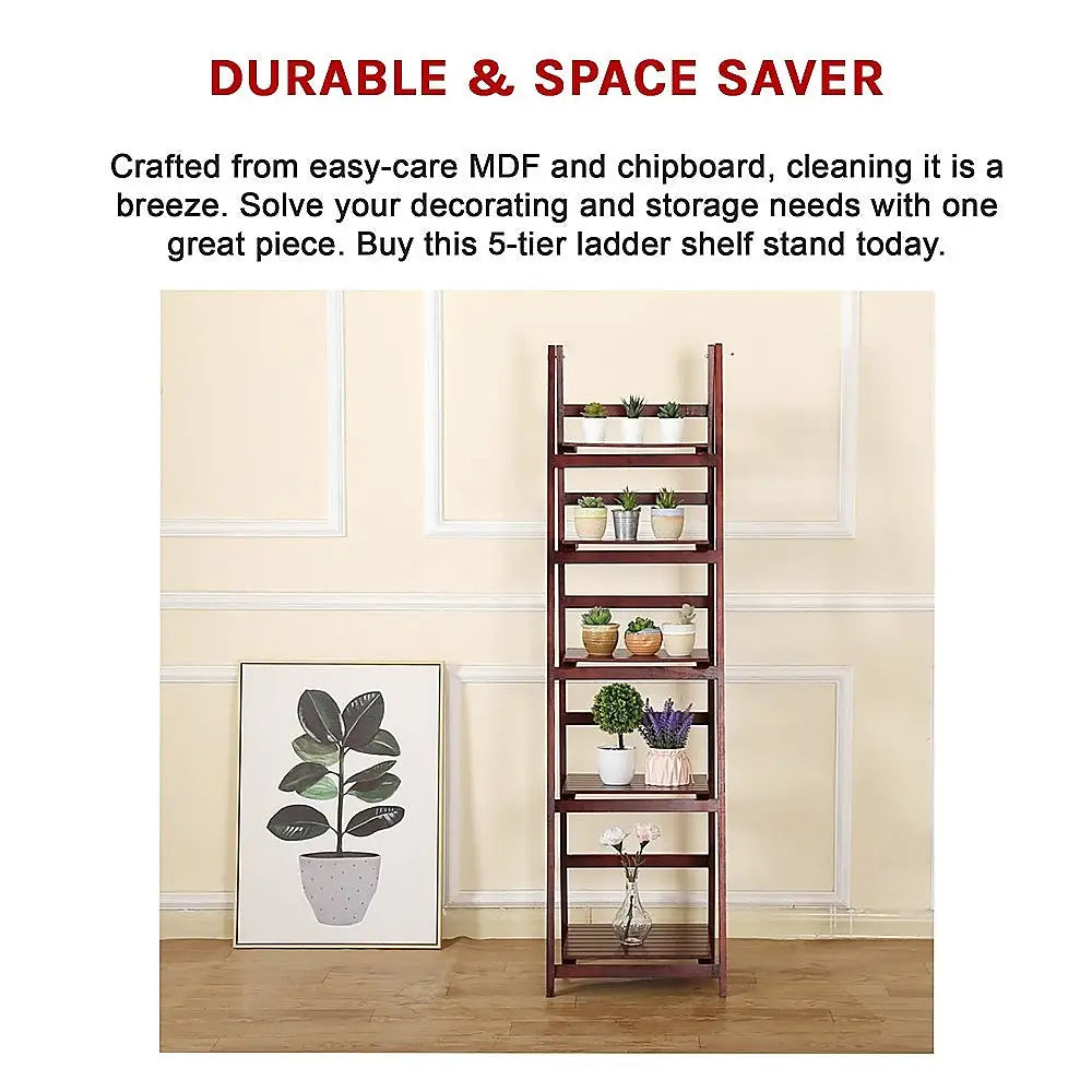5 Tier Wooden Ladder Shelf Stand Storage Book Shelves Shelving Display Rack - Furniture > Office