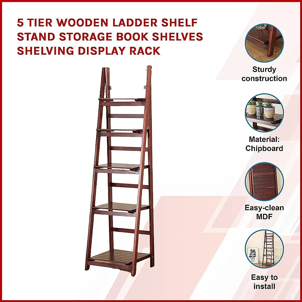 5 Tier Wooden Ladder Shelf Stand Storage Book Shelves Shelving Display Rack - Furniture > Office