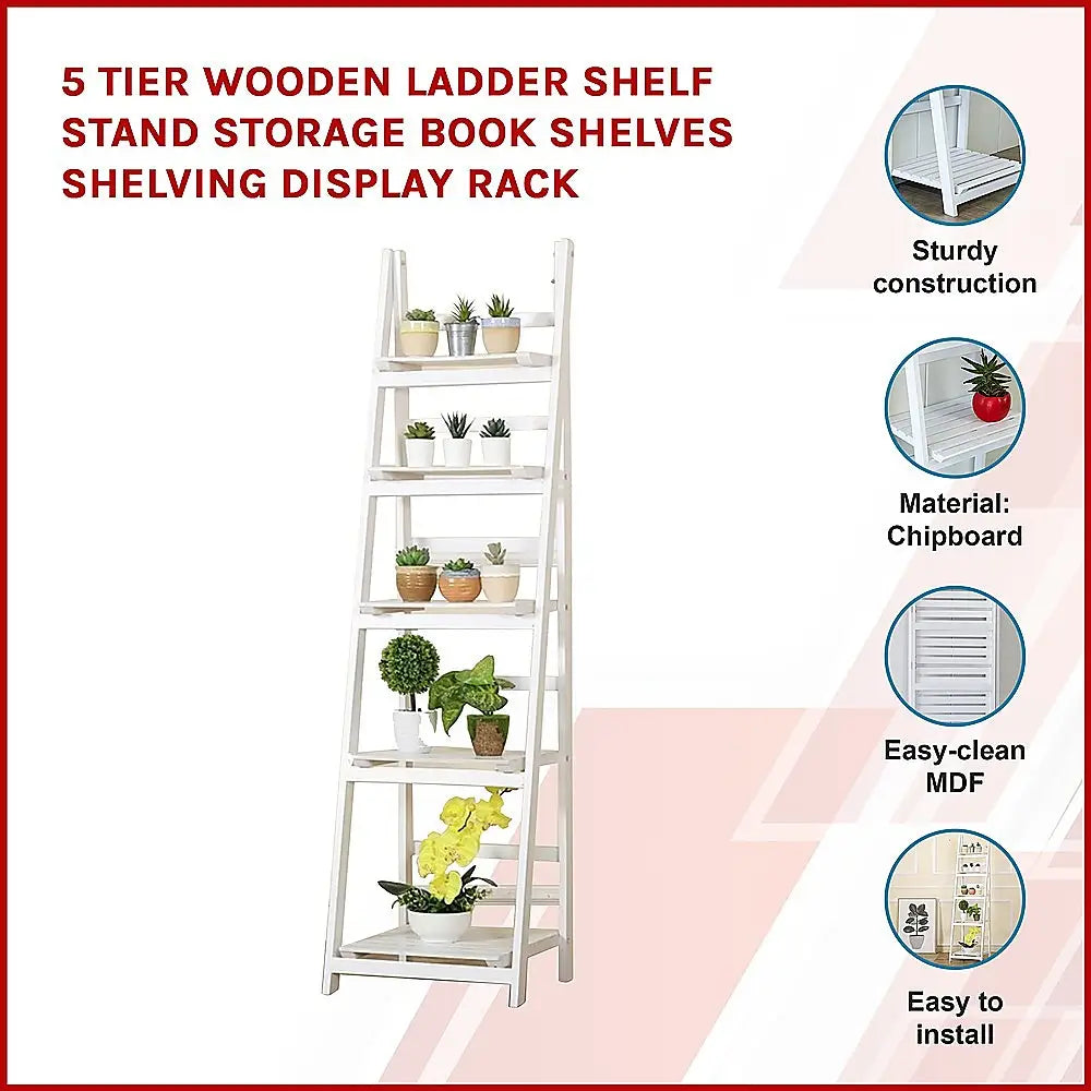 5 Tier Wooden Ladder Shelf Stand Storage Book Shelves Shelving Display Rack - Furniture > Office