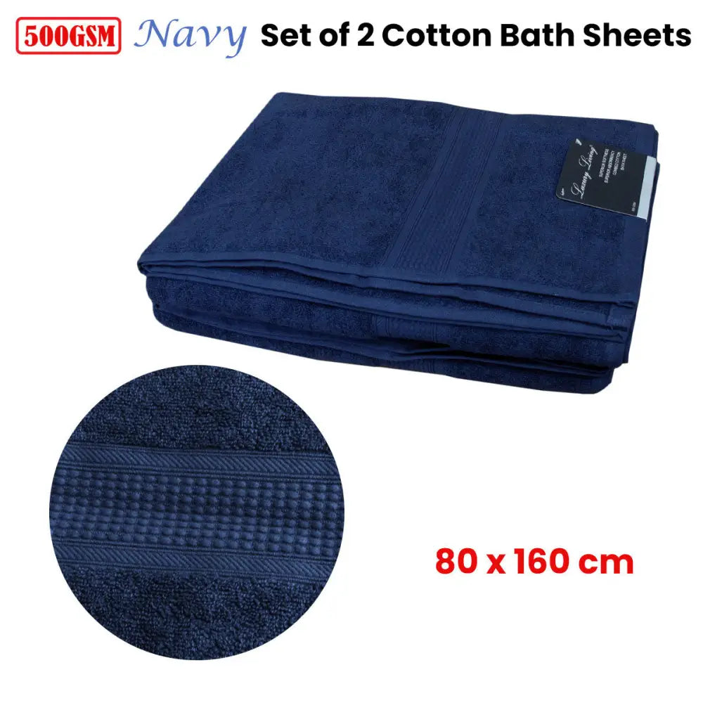 500GSM Set of 2 100% Cotton Bath Sheet Navy 80 x 160 cm - Home & Garden > Bathroom Accessories