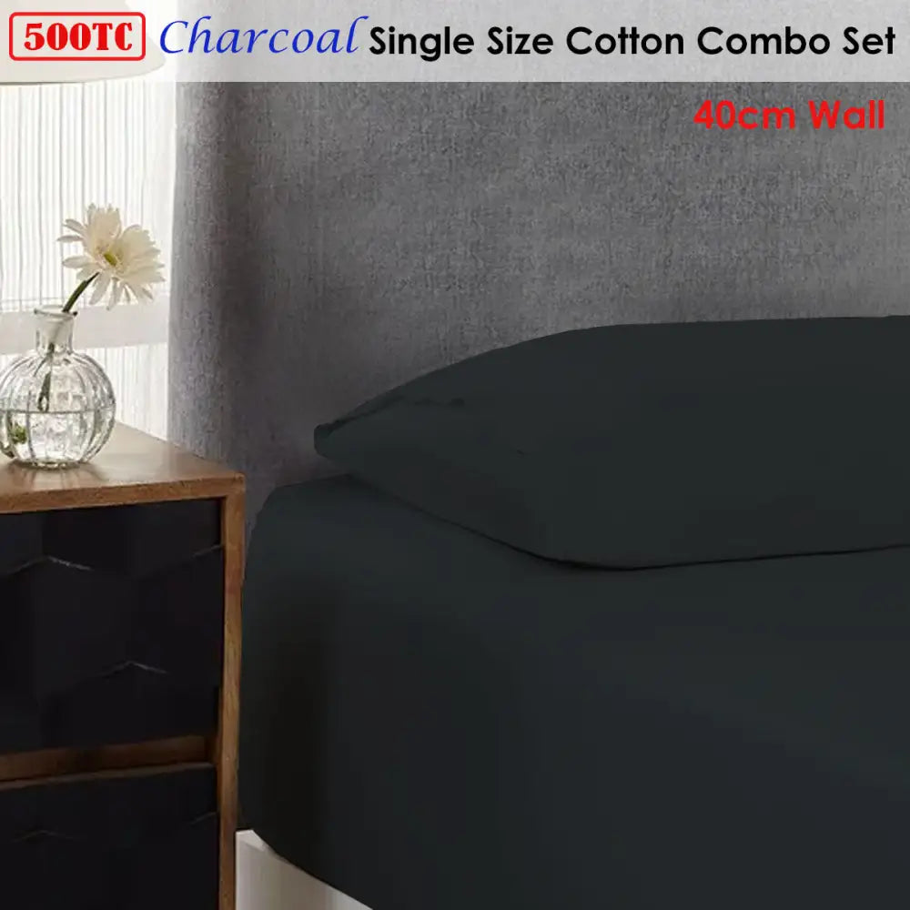500TC Cotton Combo Set Charcoal Single 40cm Wall - Home & Garden > Bedding