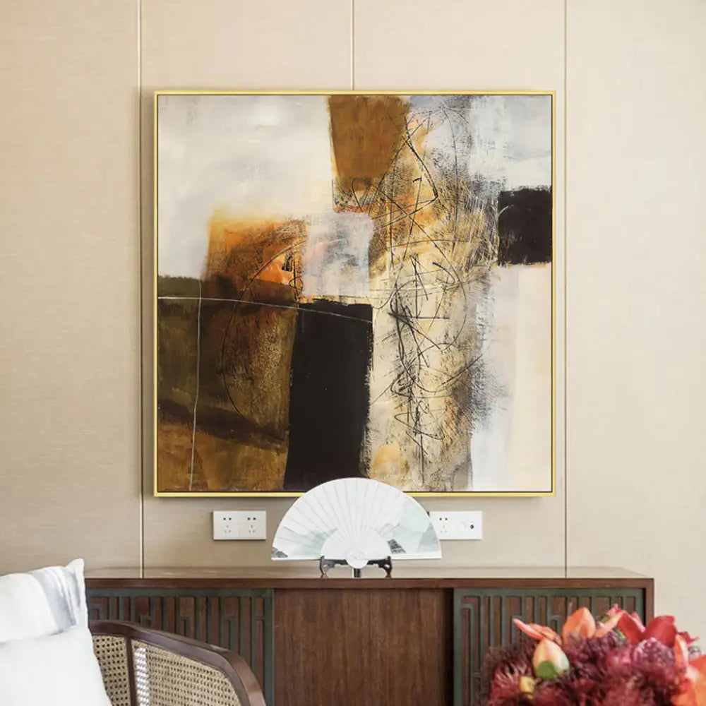 50cmx50cm Abstract gold brown painting style Gold Frame Canvas Wall Art - Home & Garden > Wall Art