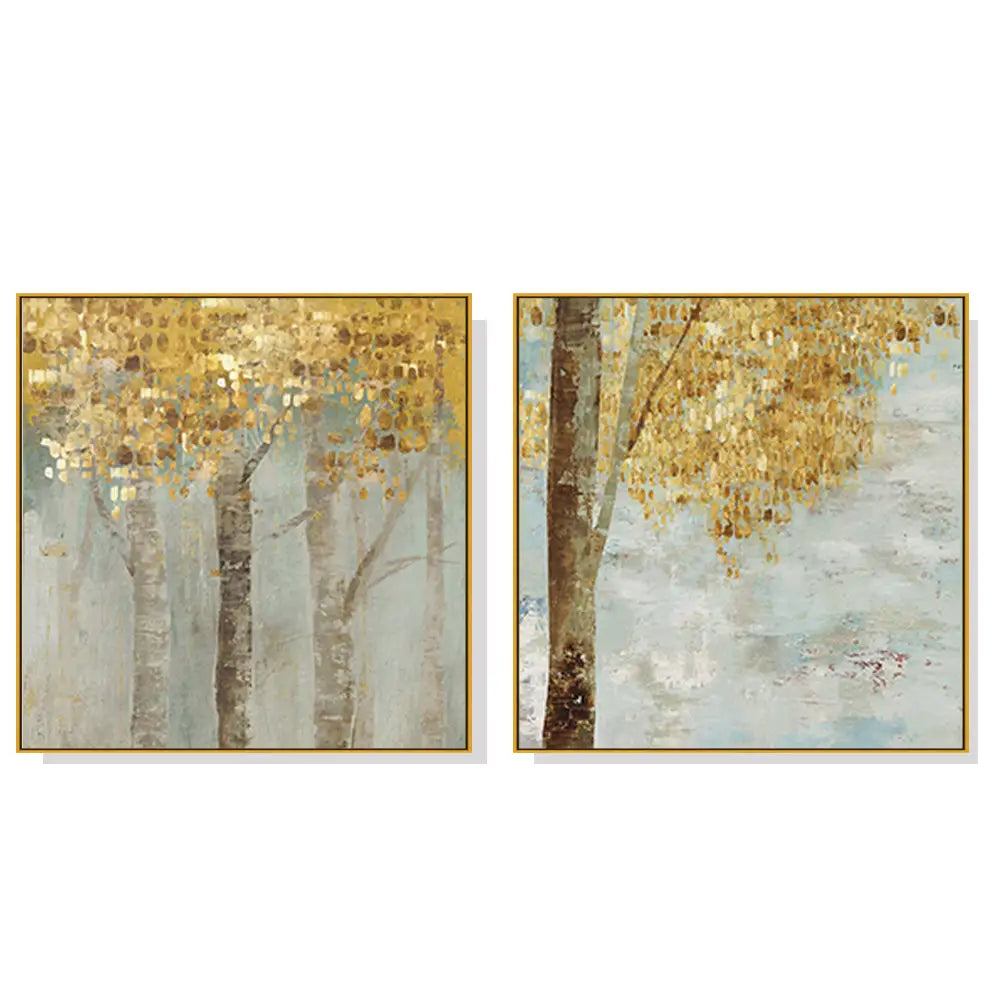50cmx50cm Golden Leaves 2 Sets Gold Frame Canvas Wall Art - Home & Garden > Wall Art