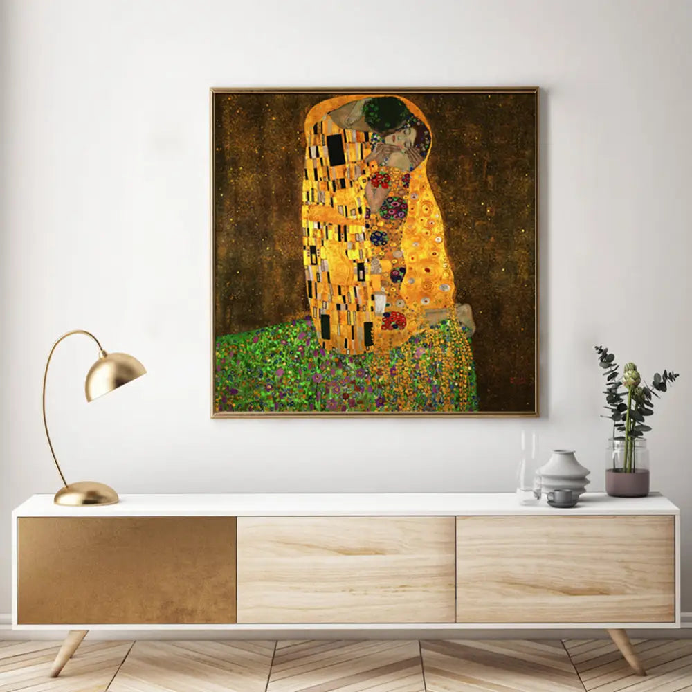 50cmx50cm Kissing by Gustav Klimt Gold Frame Canvas Wall Art - Home & Garden > Wall Art