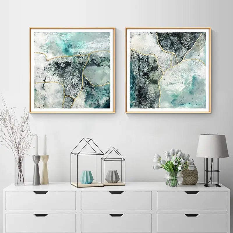 50cmx50cm Marbled Green 2 Sets Gold Frame Canvas Wall Art - Home & Garden > Wall Art