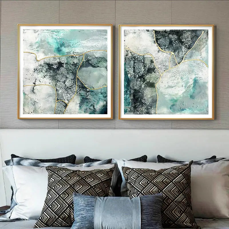 50cmx50cm Marbled Green 2 Sets Gold Frame Canvas Wall Art - Home & Garden > Wall Art