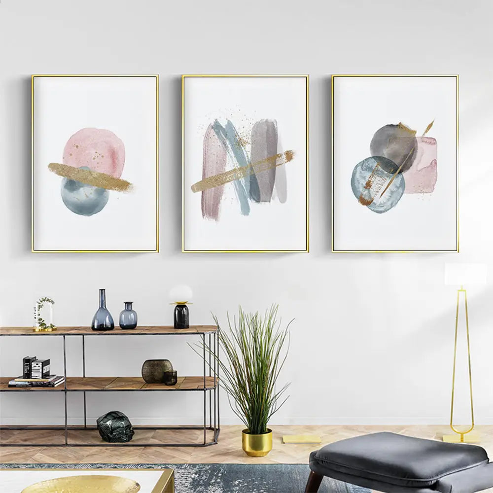 50cmx70cm Blush Pink Watercolor 3 Sets Gold Frame Canvas Wall Art - Home & Garden > Wall Art