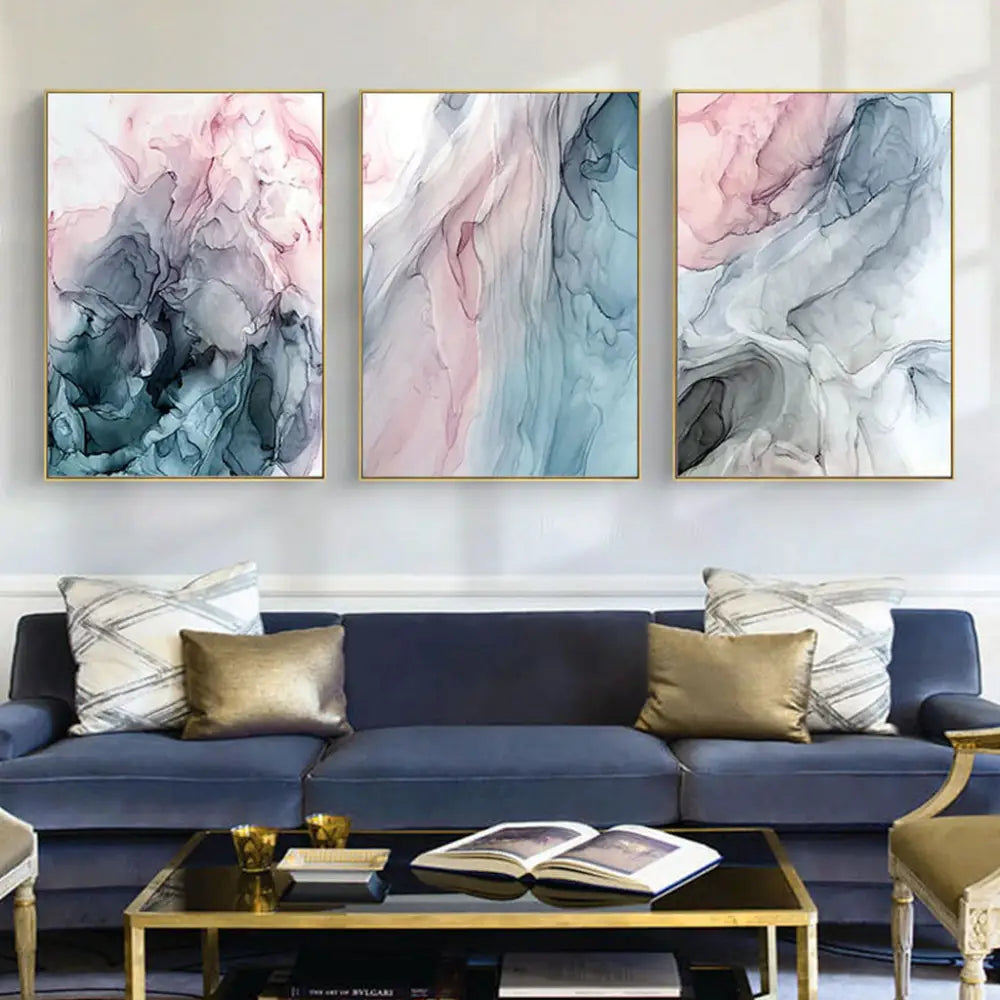 50cmx70cm Colorful Ink Abstract 3 Sets Gold Frame Canvas Wall Art - Home & Garden > Wall Art