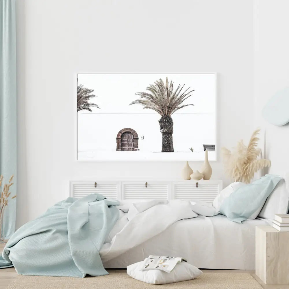 50cmx70cm European Palm Tree White Frame Canvas Wall Art - Home & Garden > Wall Art