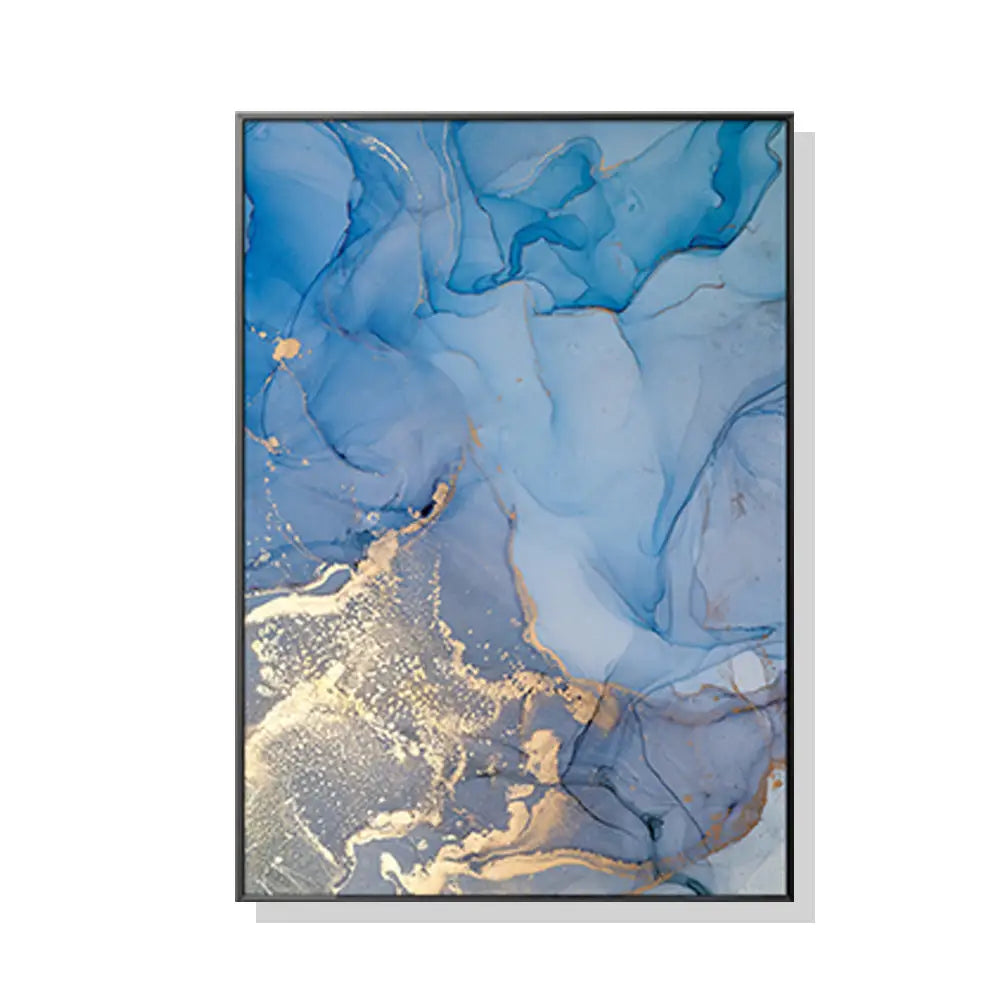 50cmx70cm Light Blue Marble With Gold Splash Black Frame Canvas Wall Art - Home & Garden > Wall Art