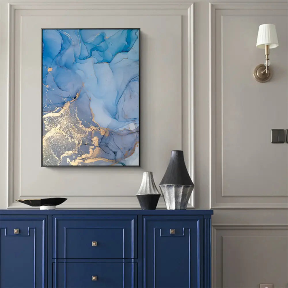 50cmx70cm Light Blue Marble With Gold Splash Black Frame Canvas Wall Art - Home & Garden > Wall Art