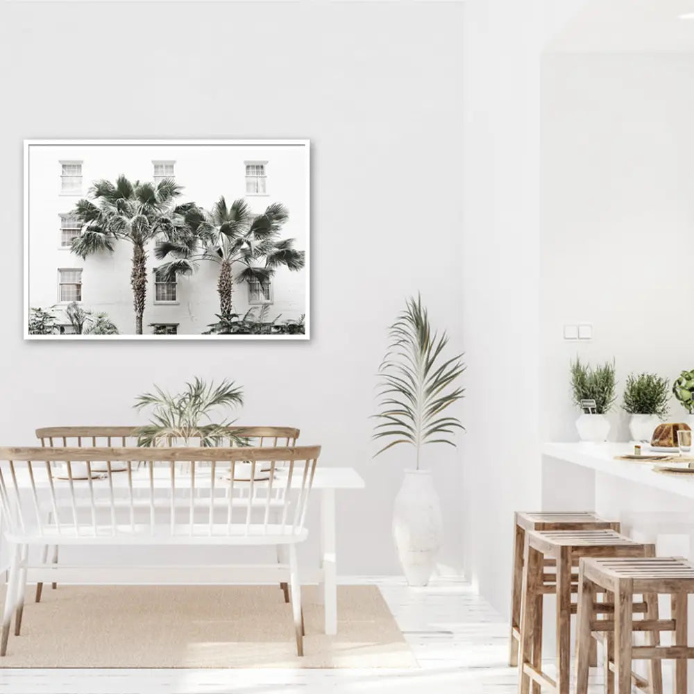 50cmx70cm Palm Tree White Frame Canvas Wall Art - Home & Garden > Wall Art