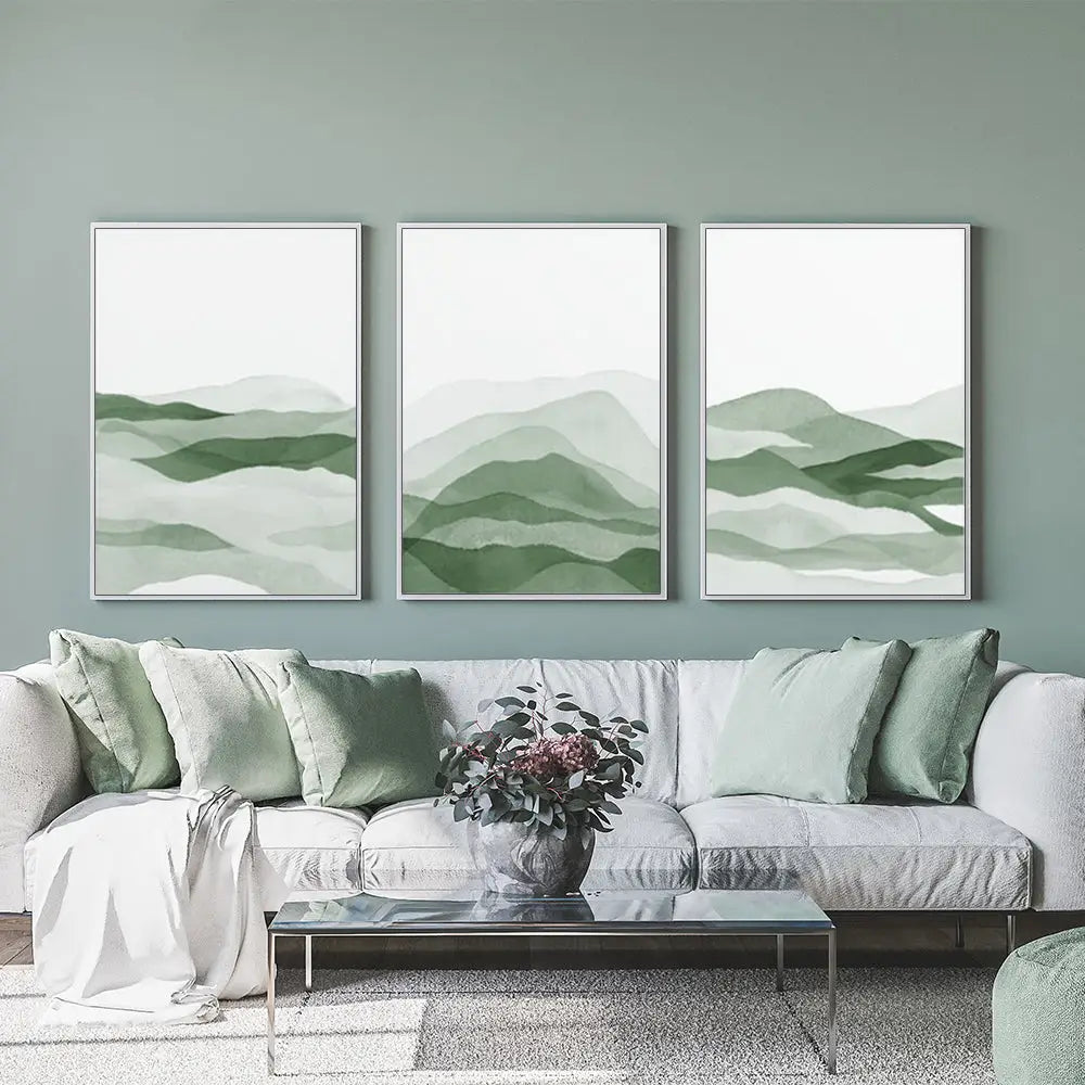 50cmx70cm Sage Green 3 Sets White Frame Canvas Wall Art - Home & Garden > Wall Art