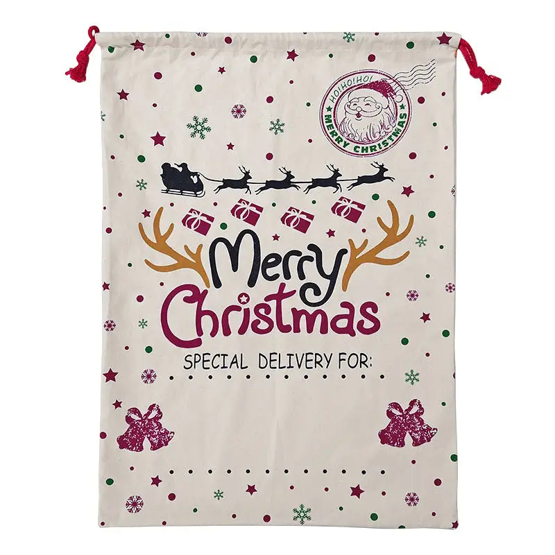 50x70cm Canvas Hessian Christmas Santa Sack Xmas Stocking Reindeer Kids Gift Bag Cream - Snowflakes Reindeer
