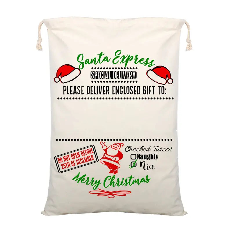 50x70cm Canvas Hessian Christmas Santa Sack Xmas Stocking Reindeer Kids Gift Bag Cream - Delivery Enclosed Gift