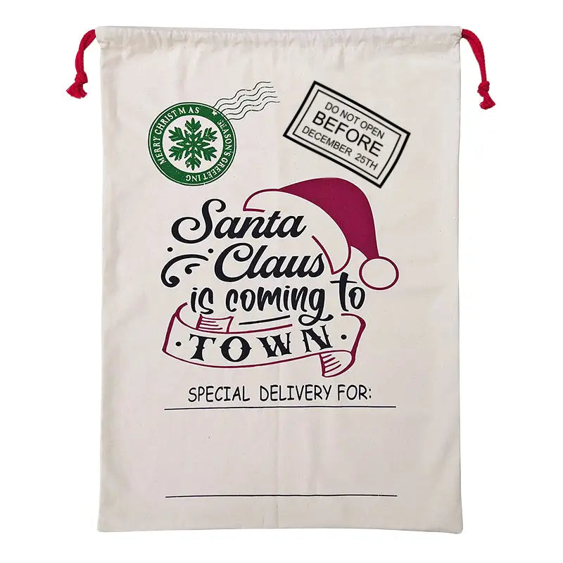 50x70cm Canvas Hessian Christmas Santa Sack Xmas Stocking Reindeer Kids Gift Bag Cream - Santa Coming To Town
