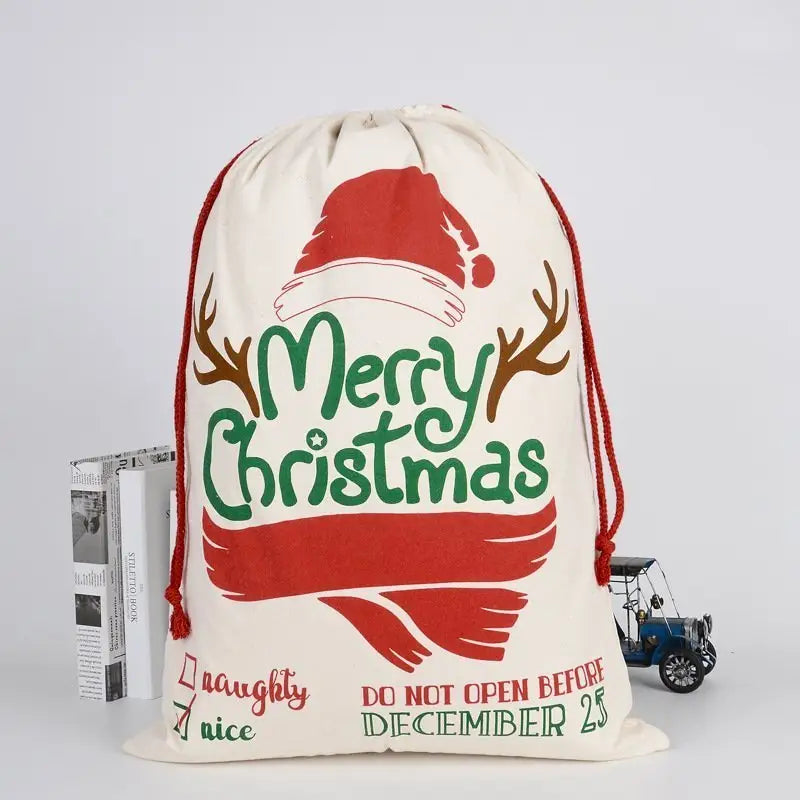 50x70cm Canvas Hessian Christmas Santa Sack Xmas Stocking Reindeer Kids Gift Bag Cream - Merry Xmas w Antler