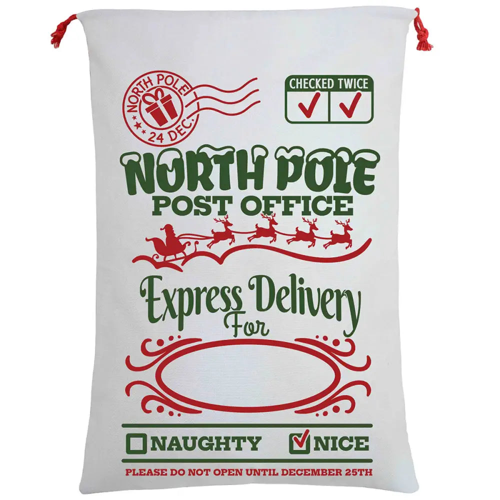 50x70cm Canvas Hessian Christmas Santa Sack Xmas Stocking Reindeer Kids Gift Bag Cream - North Pole Express (B)