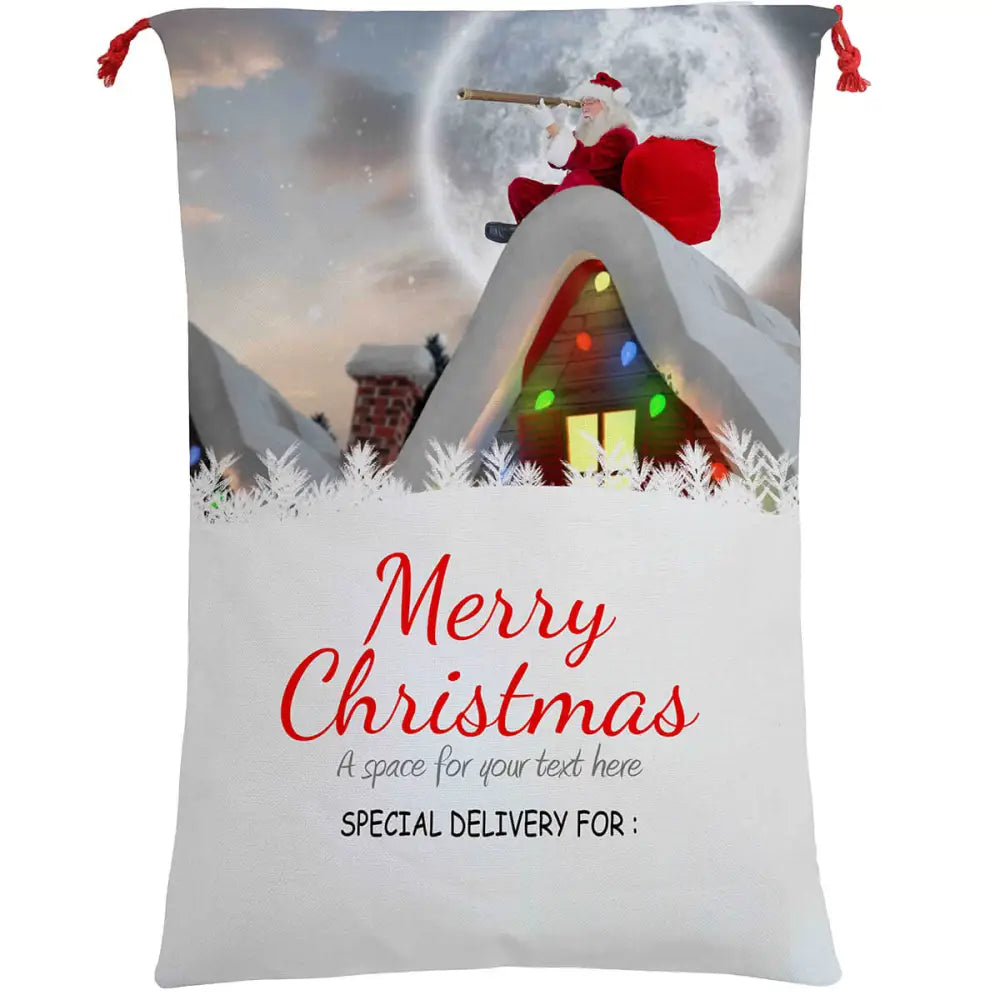 50x70cm Canvas Hessian Christmas Santa Sack Xmas Stocking Reindeer Kids Gift Bag Santa On The Roof - Occasions >