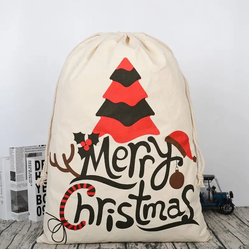 50x70cm Canvas Hessian Christmas Santa Sack Xmas Stocking Reindeer Kids Gift Bag Cream - Christmas Tree - Occasions >