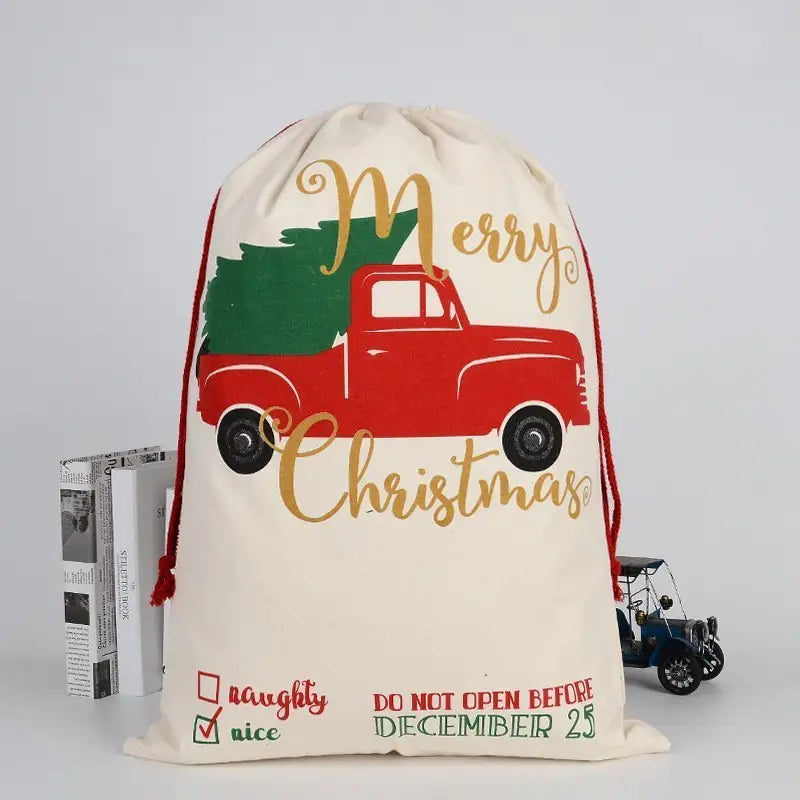 50x70cm Canvas Hessian Christmas Santa Sack Xmas Stocking Reindeer Kids Gift Bag Cream - Tree In Truck - Occasions >