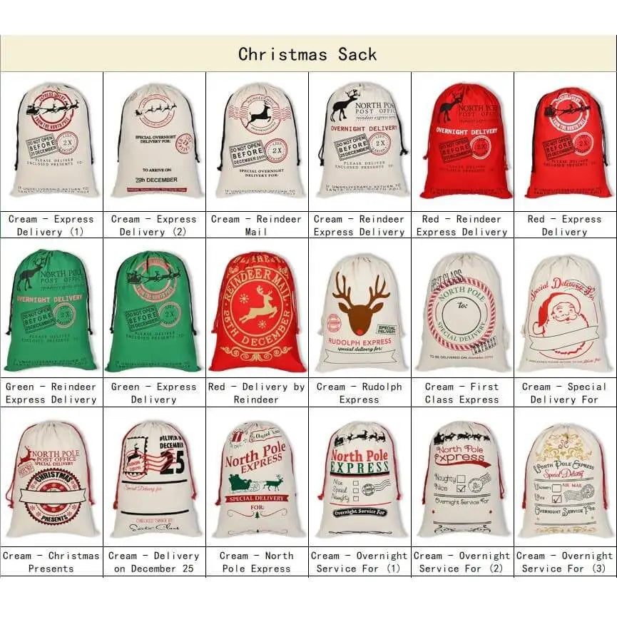 50x70cm Canvas Hessian Christmas Santa Sack Xmas Stocking Reindeer Kids Gift Bag Cream - Elf Express - Occasions >