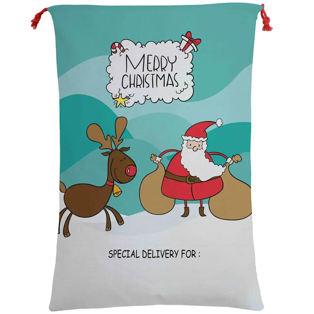 50x70cm Canvas Hessian Christmas Santa Sack Xmas Stocking Reindeer Kids Gift Bag Cartoon Santa w Reindeer (B)