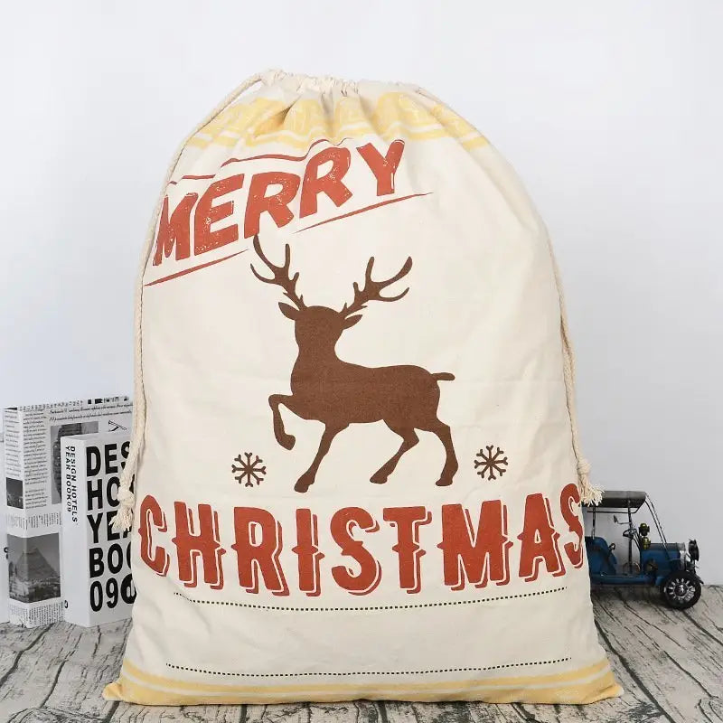 50x70cm Canvas Hessian Christmas Santa Sack Xmas Stocking Reindeer Kids Gift Bag Cream - Reindeer - Occasions >