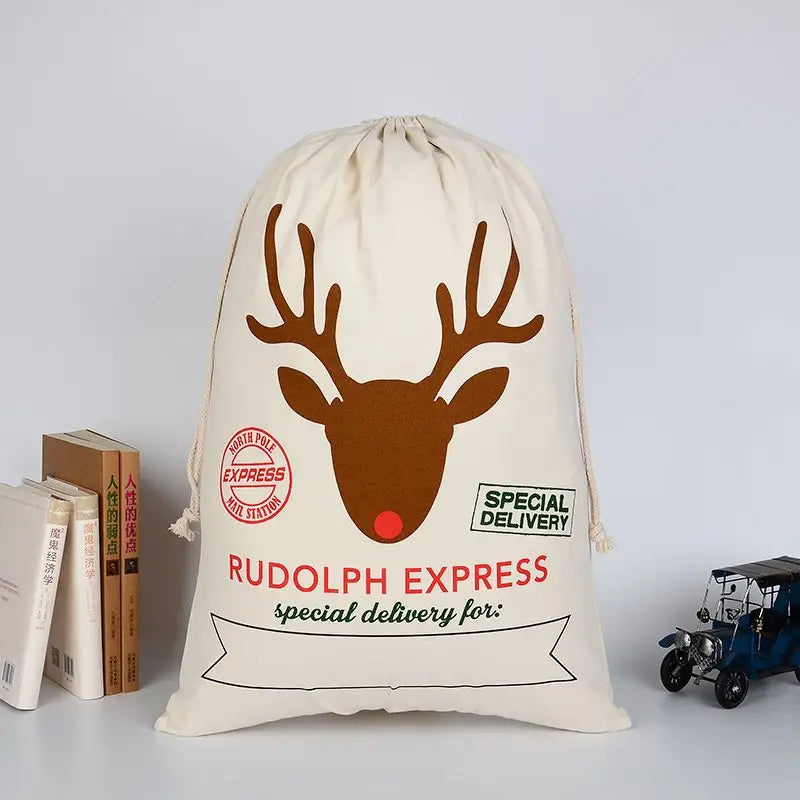 50x70cm Canvas Hessian Christmas Santa Sack Xmas Stocking Reindeer Kids Gift Bag Cream - Rudolph Express - Occasions >
