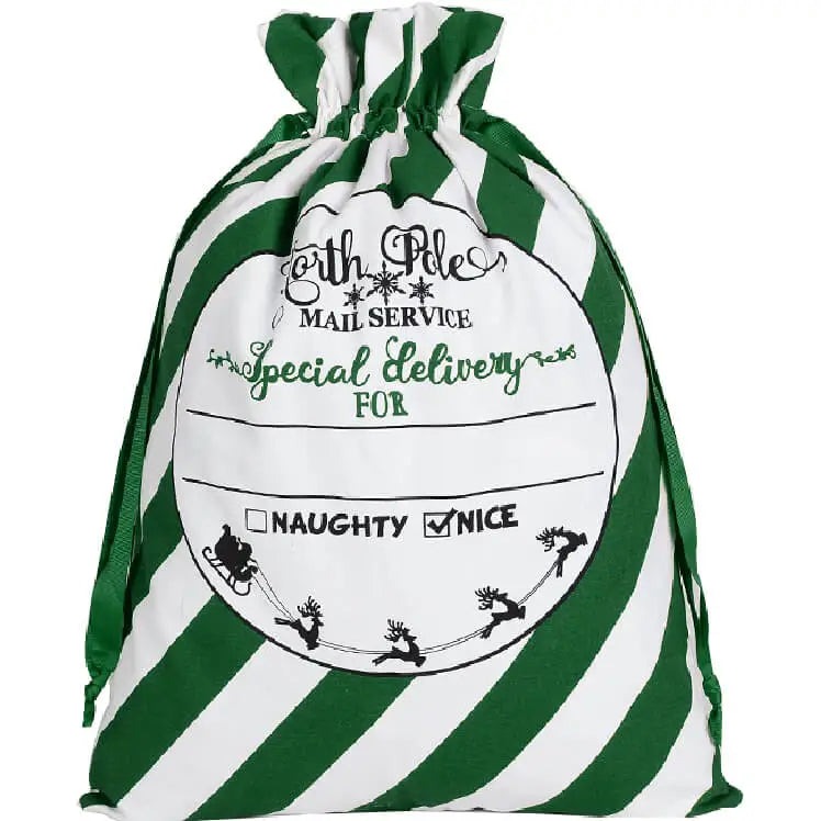 50x70cm Canvas Hessian Christmas Santa Sack Xmas Stocking Reindeer Kids Gift Bag Green - North Pole Mail Service