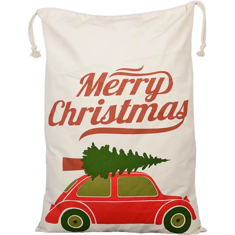 50x70cm Canvas Hessian Christmas Santa Sack Xmas Stocking Reindeer Kids Gift Bag Cream - Christmas Tree On Car