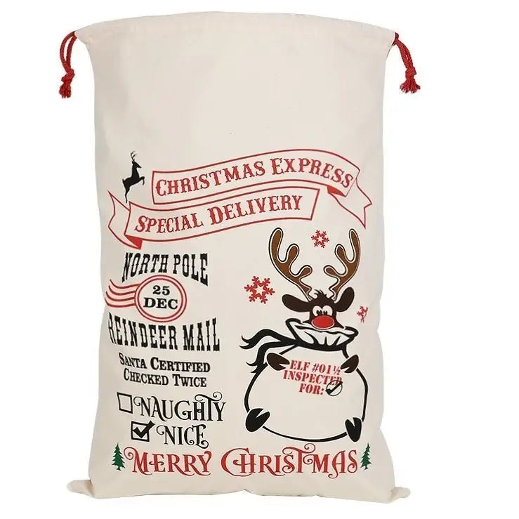 50x70cm Canvas Hessian Christmas Santa Sack Xmas Stocking Reindeer Kids Gift Bag Cream - Reindeer Mail (2) - Occasions