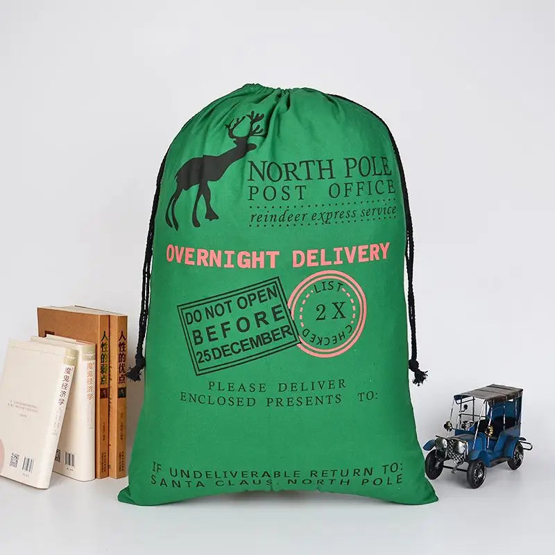 50x70cm Canvas Hessian Christmas Santa Sack Xmas Stocking Reindeer Kids Gift Bag Green - Reindeer Express Delivery