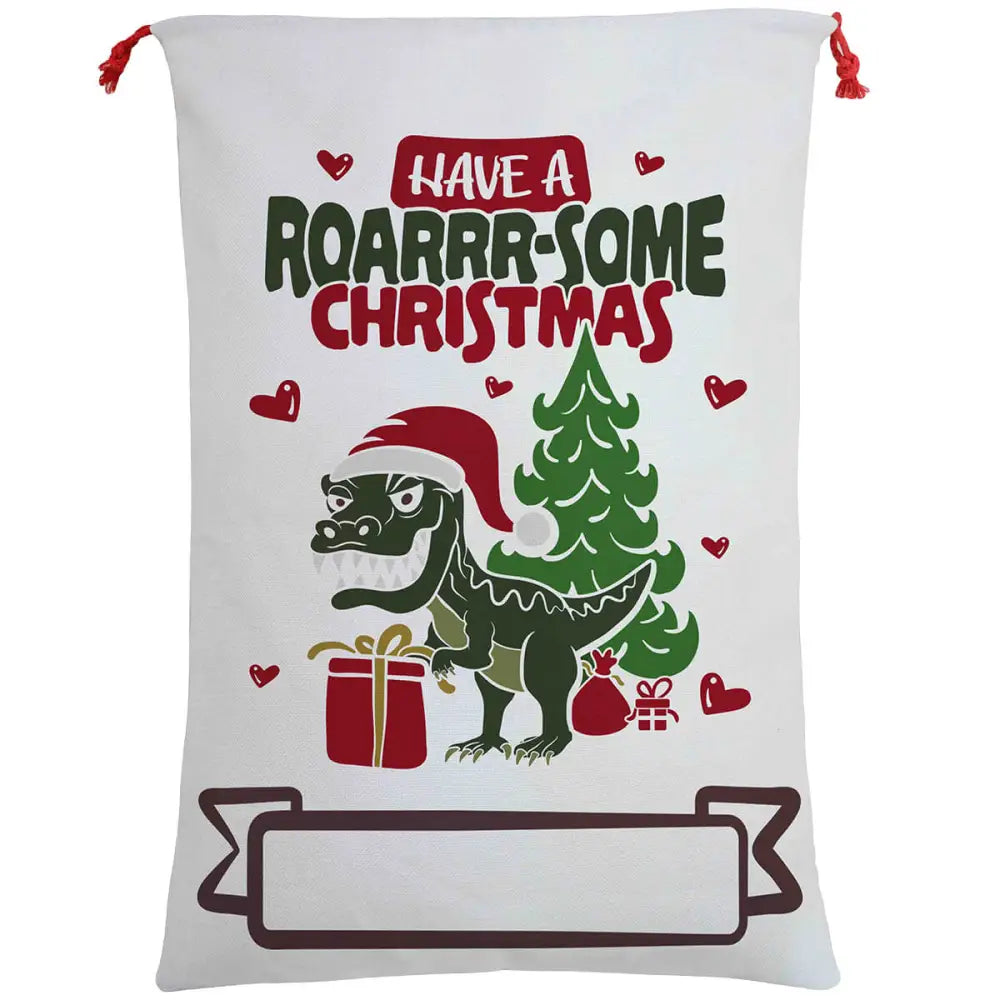 50x70cm Canvas Hessian Christmas Santa Sack Xmas Stocking Reindeer Kids Gift Bag Have A Roar-some Christmas - Occasions