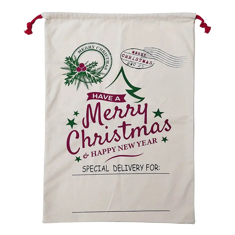 50x70cm Canvas Hessian Christmas Santa Sack Xmas Stocking Reindeer Kids Gift Bag Cream - Happy New Year - Occasions >