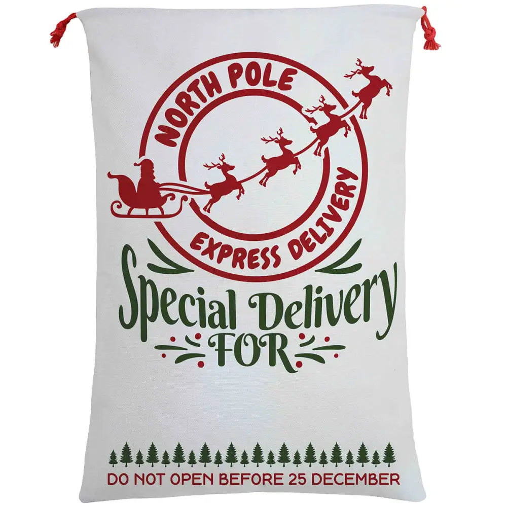 50x70cm Canvas Hessian Christmas Santa Sack Xmas Stocking Reindeer Kids Gift Bag Cream - North Pole Express (D)