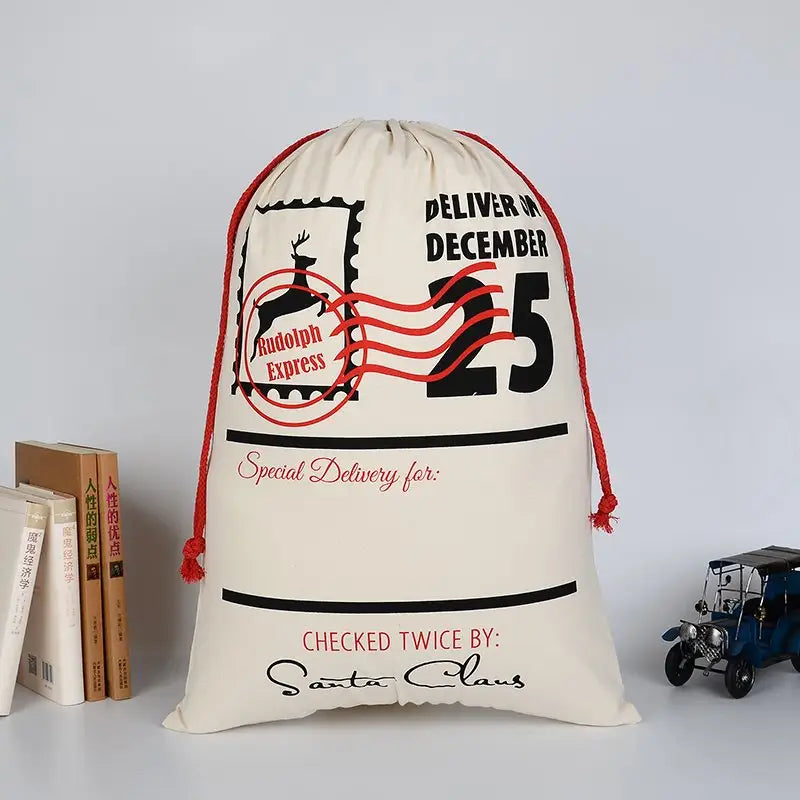 50x70cm Canvas Hessian Christmas Santa Sack Xmas Stocking Reindeer Kids Gift Bag Cream - Delivery on December 25
