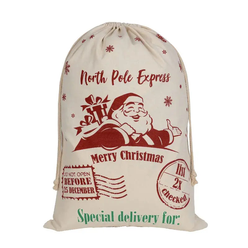 50x70cm Canvas Hessian Christmas Santa Sack Xmas Stocking Reindeer Kids Gift Bag Cream - Snowflakes Santa - Occasions >