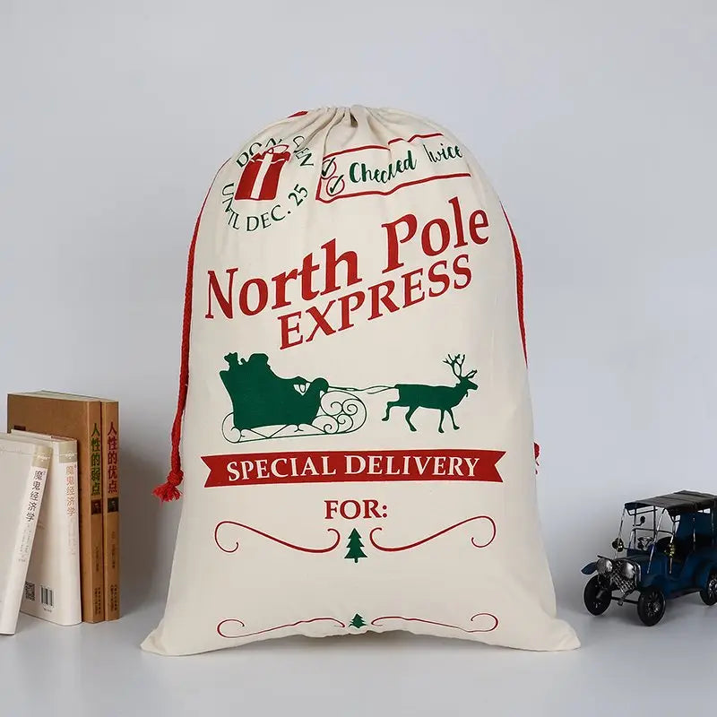 50x70cm Canvas Hessian Christmas Santa Sack Xmas Stocking Reindeer Kids Gift Bag Cream - North Pole Express - Occasions