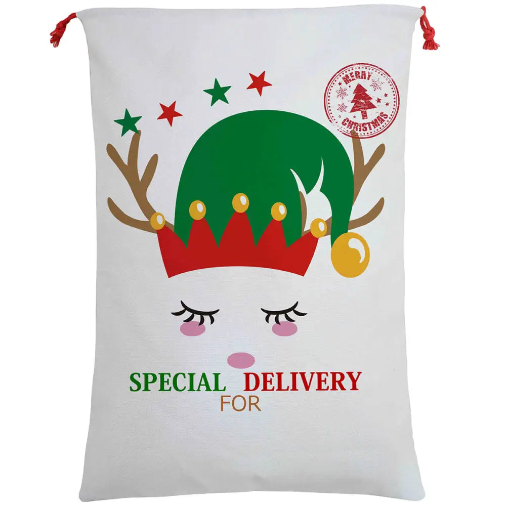 50x70cm Canvas Hessian Christmas Santa Sack Xmas Stocking Reindeer Kids Gift Bag Cream - Cute Reindeer Delivery