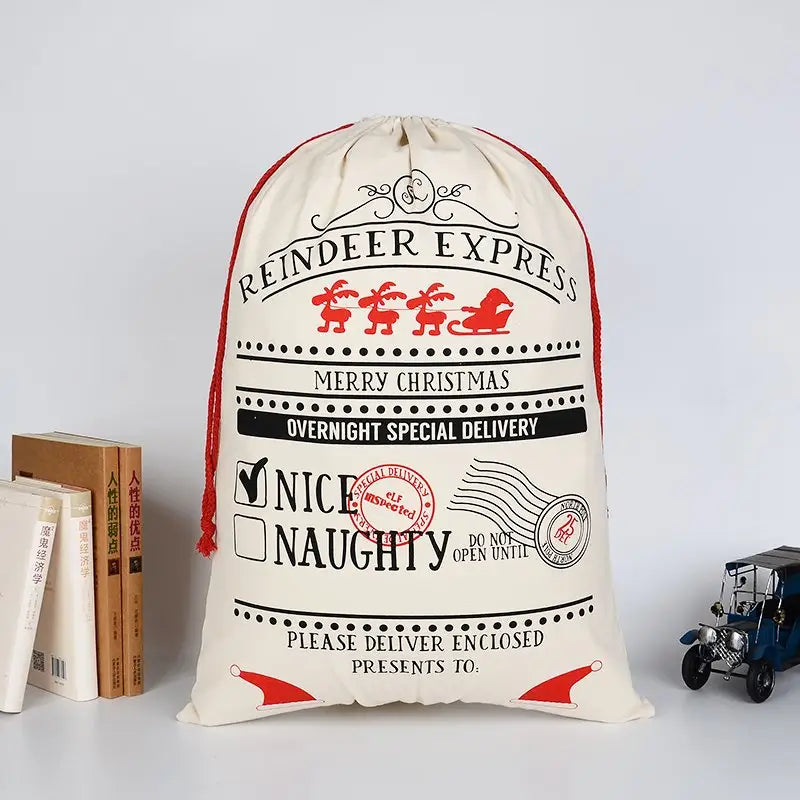 50x70cm Canvas Hessian Christmas Santa Sack Xmas Stocking Reindeer Kids Gift Bag Cream - Overnight Special Delivery