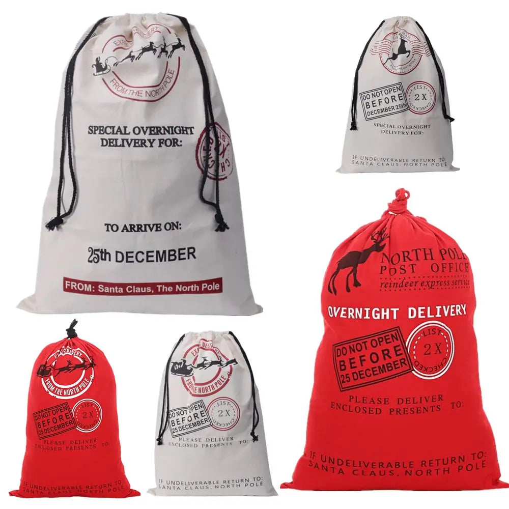 50x70cm Canvas Hessian Christmas Santa Sack Xmas Stocking Reindeer Kids Gift Bag Cream - Elf Express - Occasions >