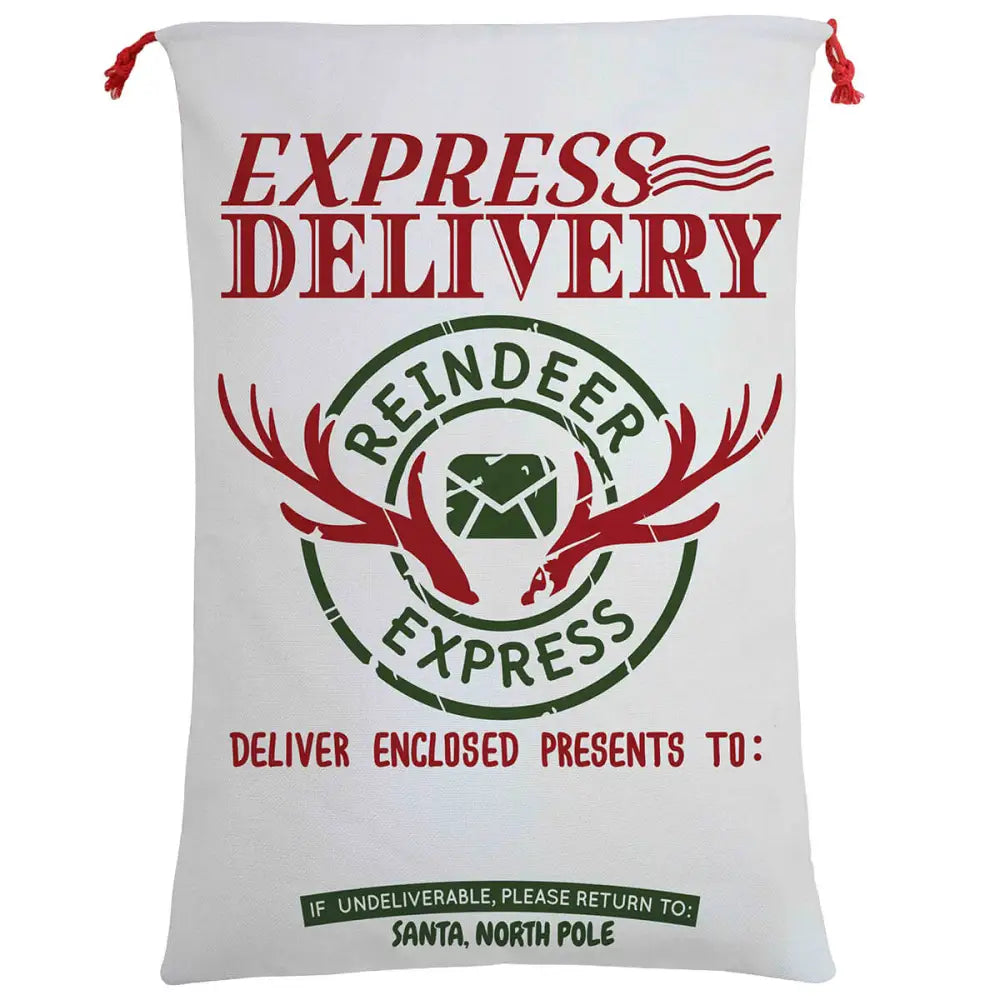 50x70cm Canvas Hessian Christmas Santa Sack Xmas Stocking Reindeer Kids Gift Bag Cream - Reindeer Express (B)