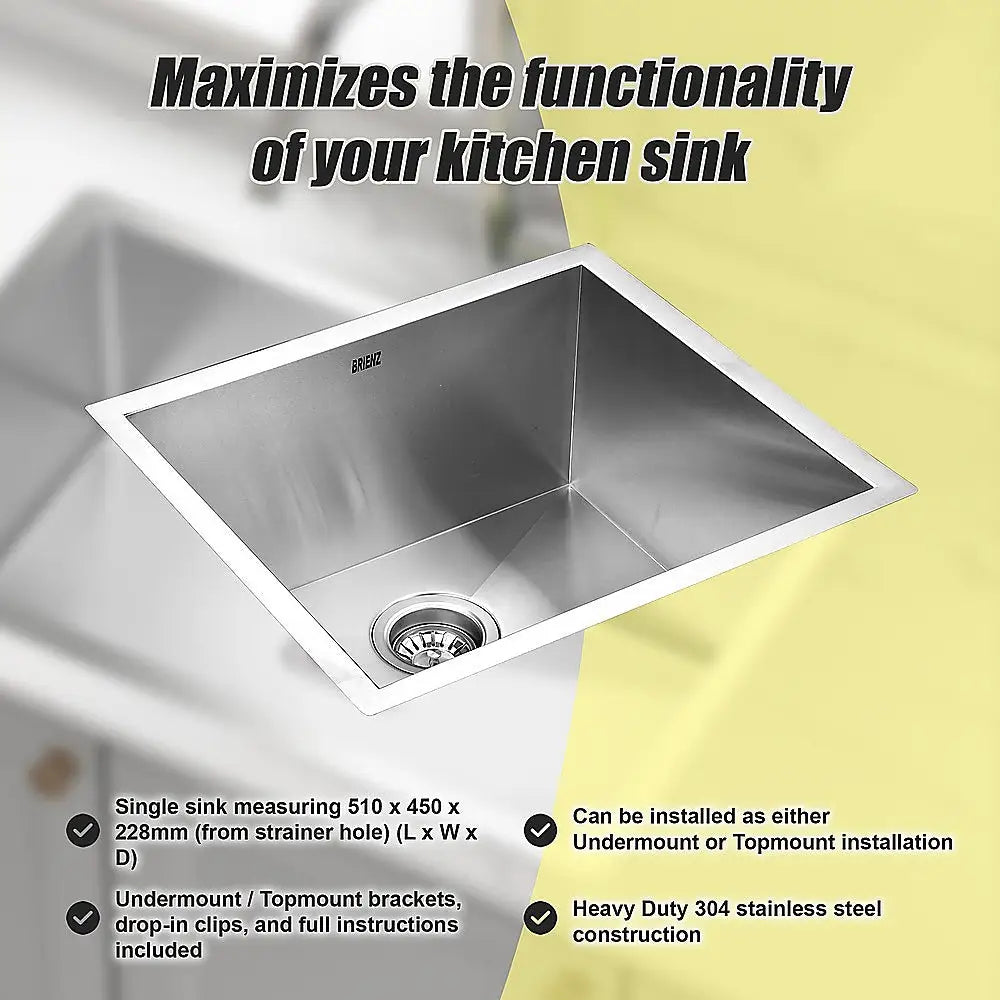 510x450mm Handmade Stainless Steel Undermount / Topmount Kitchen Laundry Sink with Waste - Furniture > Bathroom > Sinks